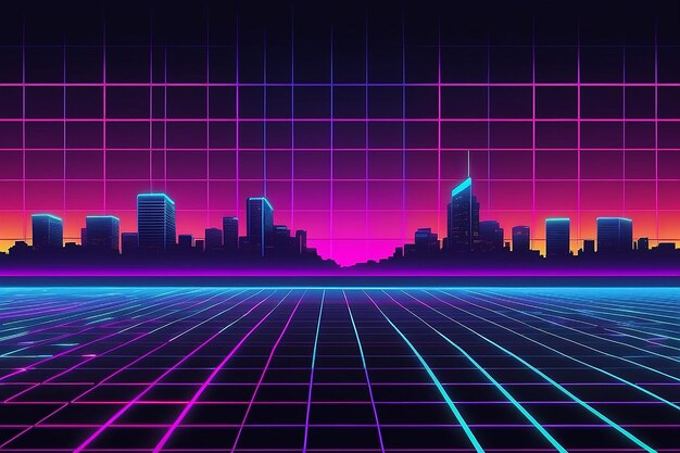 Retro vintage neon grid horizon of the 80s and 90s banner for printing night disco parties