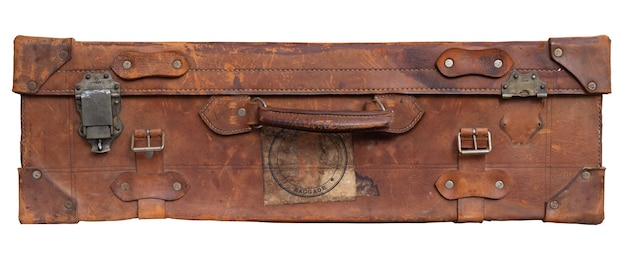 Ретро винтажный старый коричневый чемодан или багаж, изолированные на белом фоне