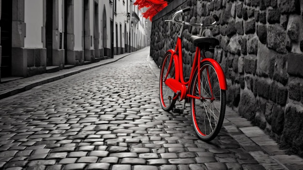 Retro vintage red bike on cobblestone street