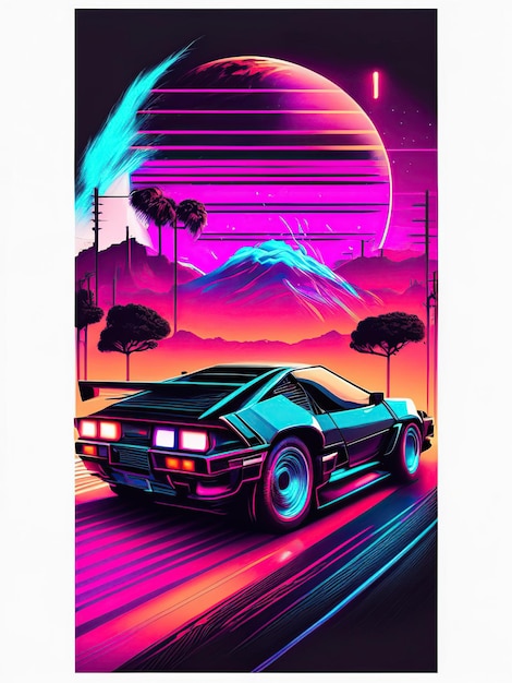 retro vintage sports car poster with neon ligths