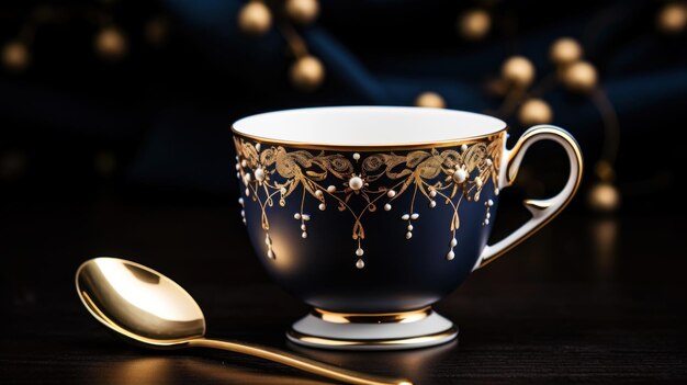 Retro vintage style empty cup with floral pattern and golden spoon Dark background Generative AI