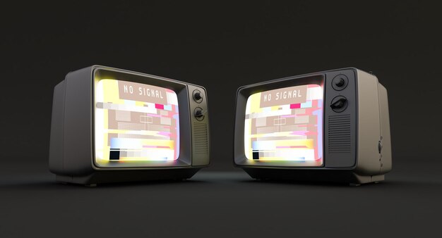 Retro vintage tv isolated on black background, 3d render of black old tv with the no signal on its, No Signal.