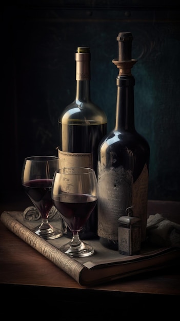 Retro vintage wine bottle with glasses dark background AI generated