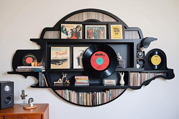 Photo retro vinyl record wall shelf for a music lovers space