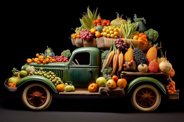 Foto retro vrachtwagen gevuld met verschillende soorten groenten oogstconcept