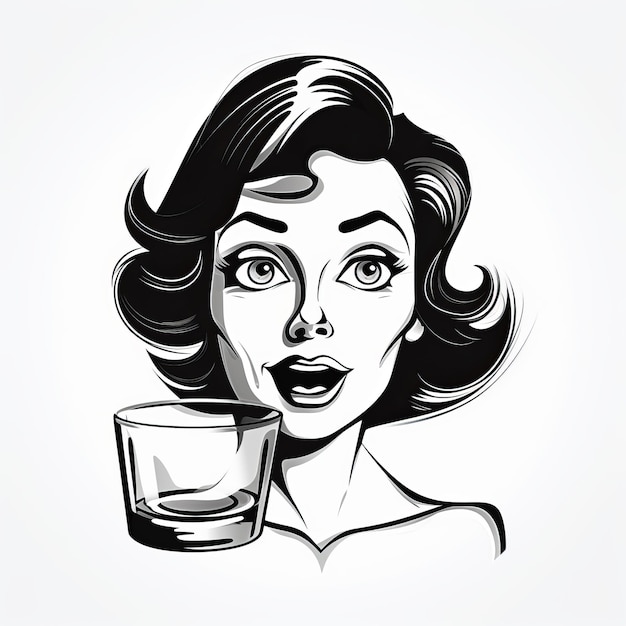 Retro vrouw met een glas whisky Vector hand getrokken illustratie