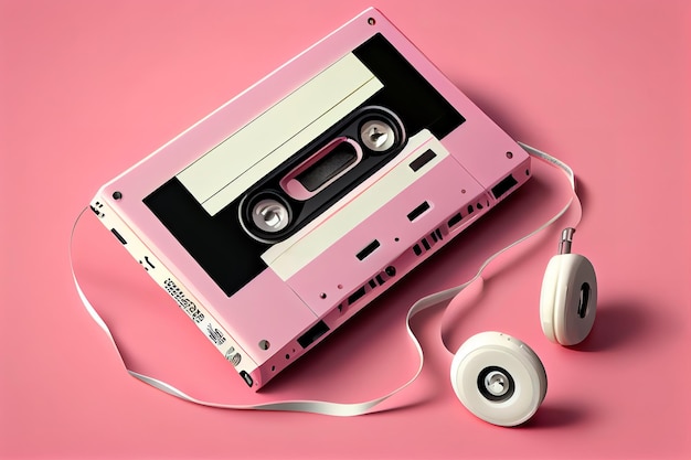 Retro walkman and headphones on pink background Generative Ai