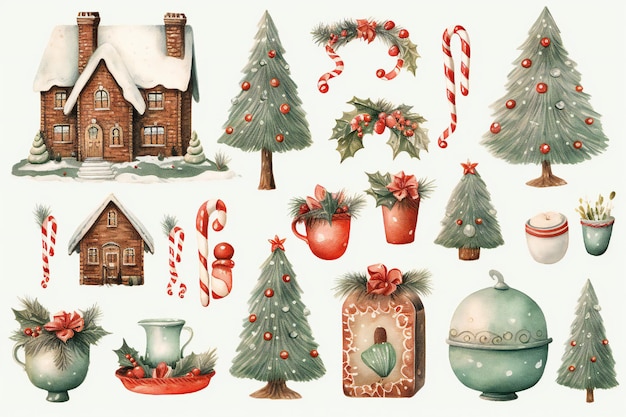 Photo retro watercolor christmas decorations and objects clip art