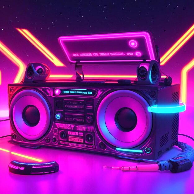 Retro wave 3D boom box galactic background neon