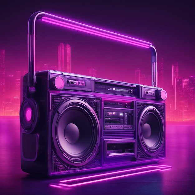 Retro wave 3d boom box galactic background neon