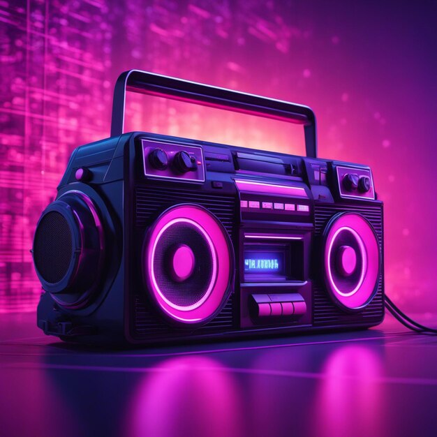 Retro wave 3d boom box galactic background neon