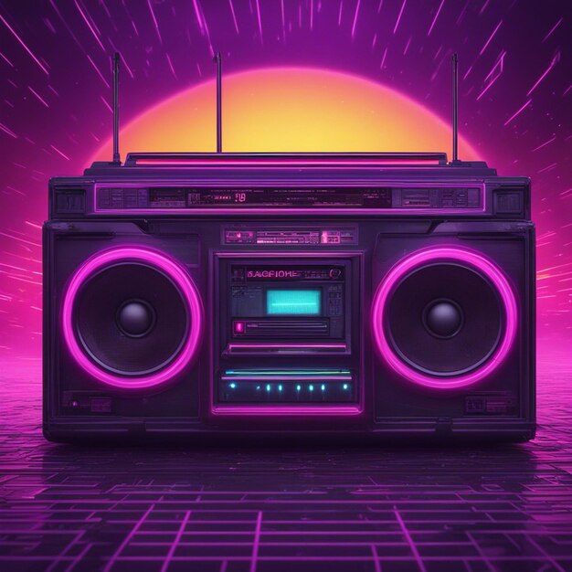 Retro wave 3d boom box galactic background neon