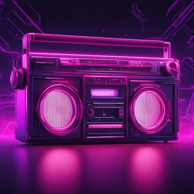 Retro wave 3d boom box galactic background neon