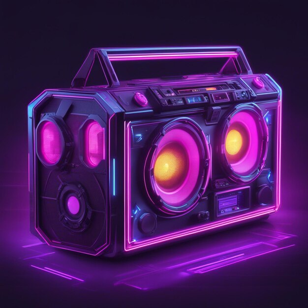 Retro wave 3d boom box galactic background neon