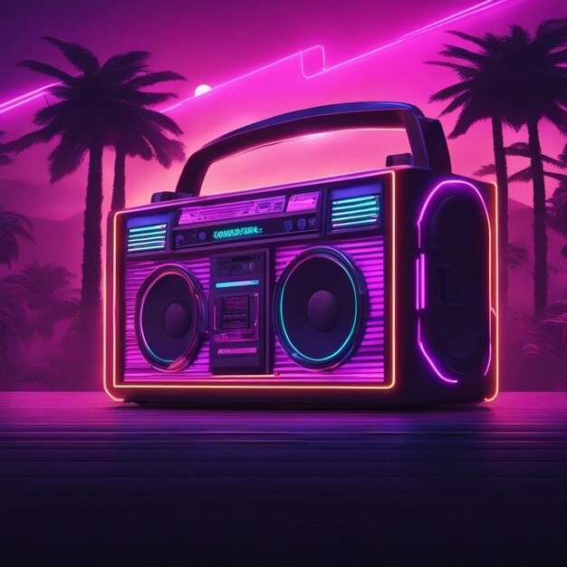 Retro wave 3d boom box galactic background neon