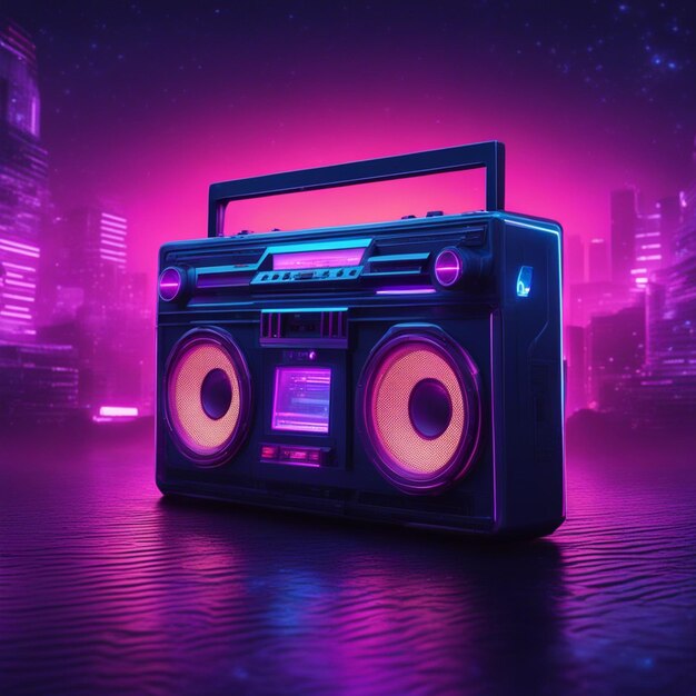 Retro wave 3d boom box galactic background neon