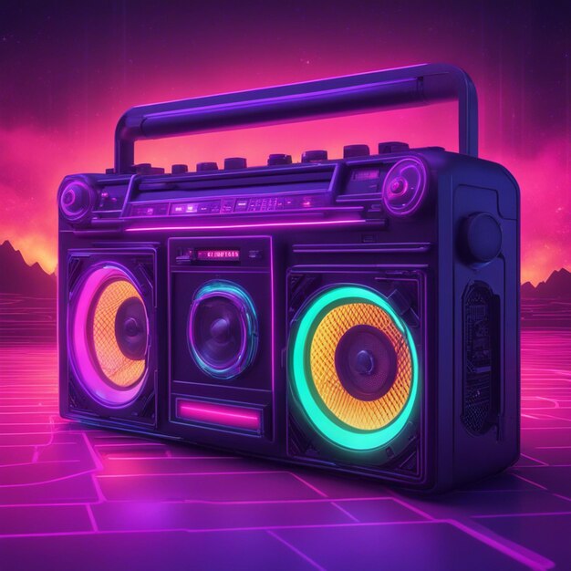 Retro wave 3d boom box galactic background neon