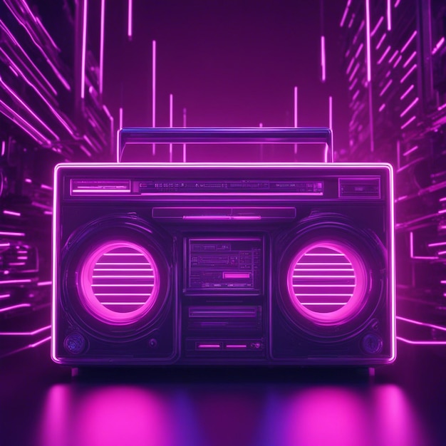 Retro wave 3d boom box galactic background neon