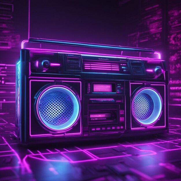 Retro wave 3d boom box galactic background neon