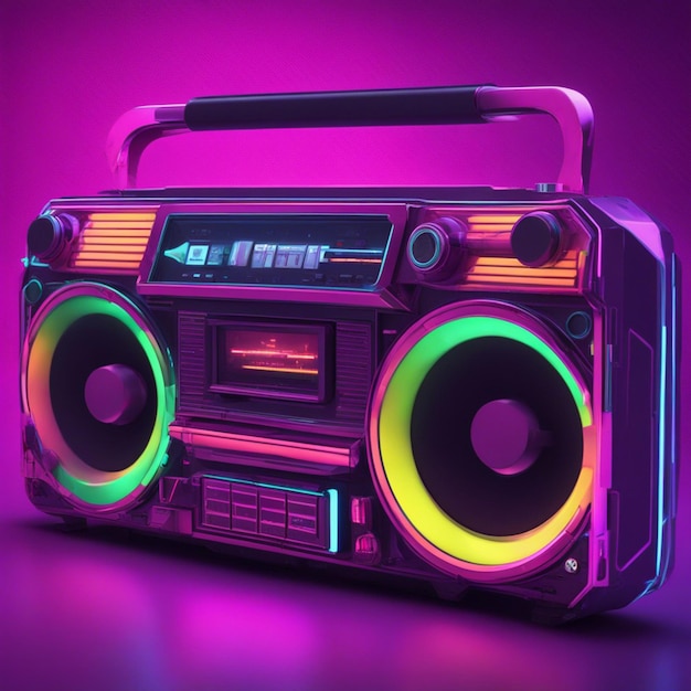 Retro wave 3d boom box galactic background neon