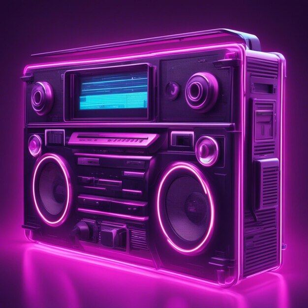 Retro wave 3d boom box galactic background neon