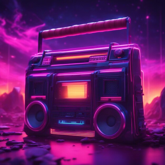 Retro wave 3d boom box galactic background neon