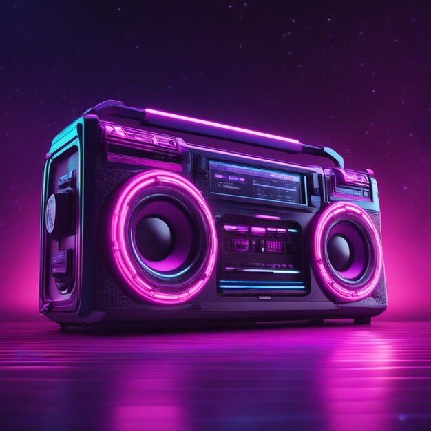 Retro wave 3d boom box galactic background neon