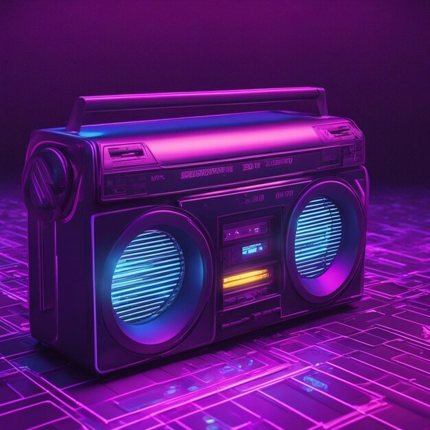 Retro wave 3d boom box galactic background neon