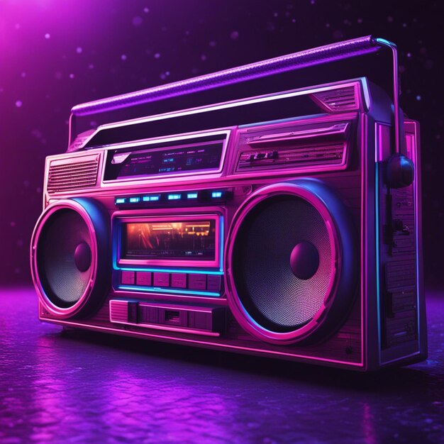 Retro wave 3d boom box galactic background neon