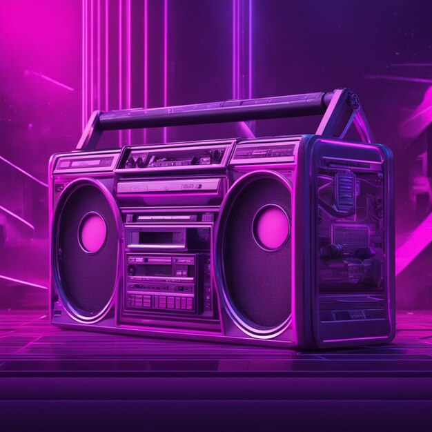 Retro wave 3d boom box galactic background neon