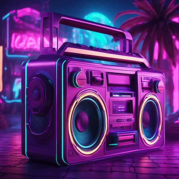 Retro wave 3d boom box galactic background neon