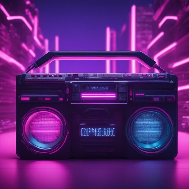 Retro wave 3d boom box galactic background neon