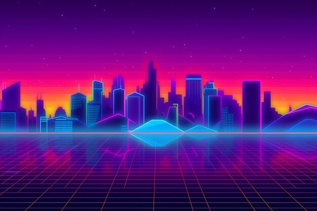 Retro wave city background neon night landscape with a futuristic city in the style and aesthetics