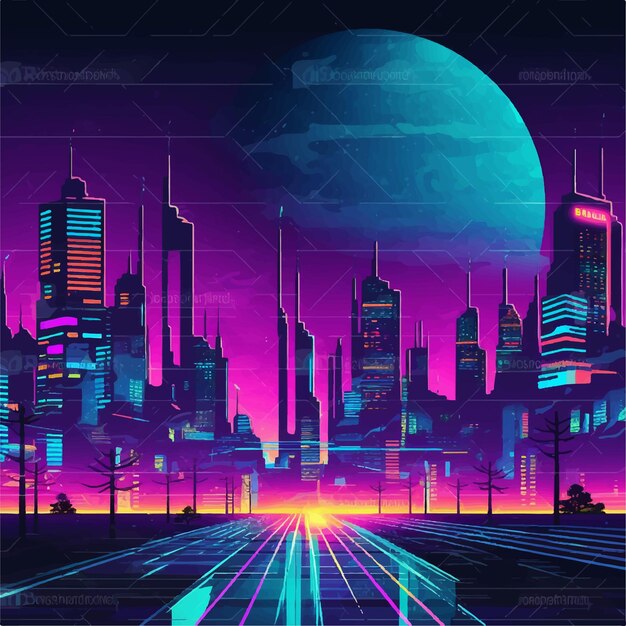 Retro wave city background neon night landscape