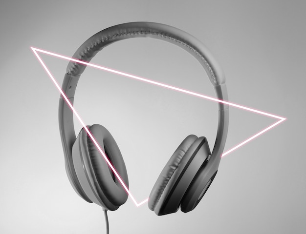 Retro wave. headphones with luminous led triangle. 80s