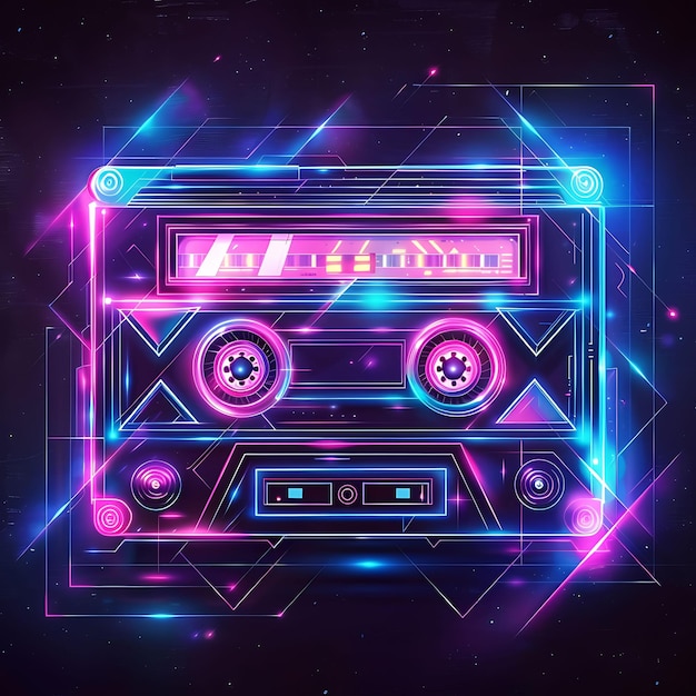 Photo retro wave patterns background with neon signs and cassette abstract glow y2k collage design art