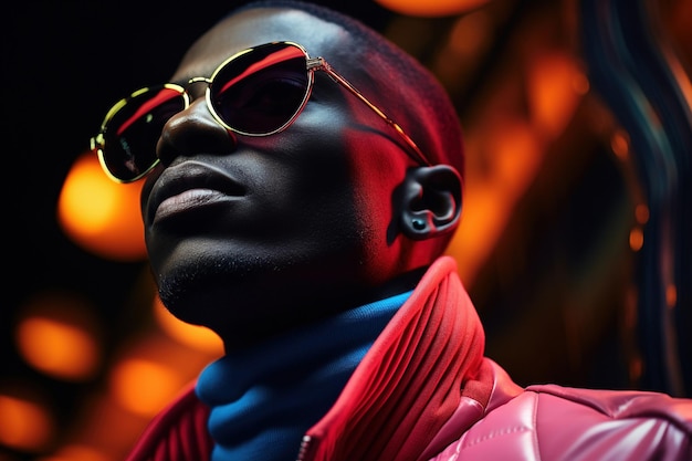Ретро-волна или синтезаторный портрет молодого счастливого серьезного африканца в студии High Fashion мужской модели в красочных ярких неоновых огнях, позирующих на черном фоне. Концепция арт-дизайна