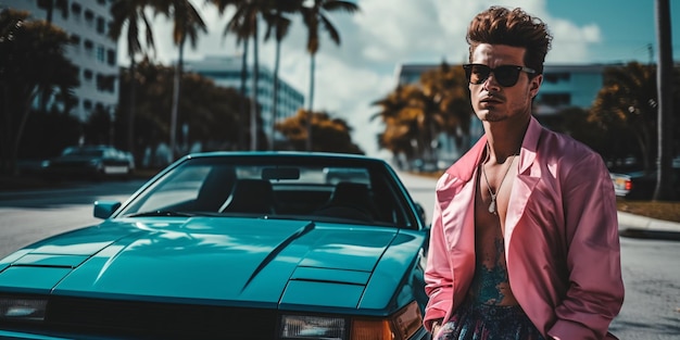 Retro wave vice miami fashioned man near retro sport car sunset scene in miami of 80's synth wave outrun nostalgia fashion look book generative ai