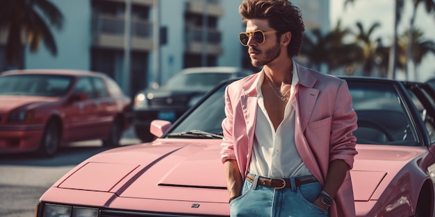 Retro wave vice Miami ouderwetse man in de buurt van retro sportwagen Zonsondergangscène in Miami van de jaren 80 Synth wave Outrun Nostalgia Fashion Look Book Generative ai