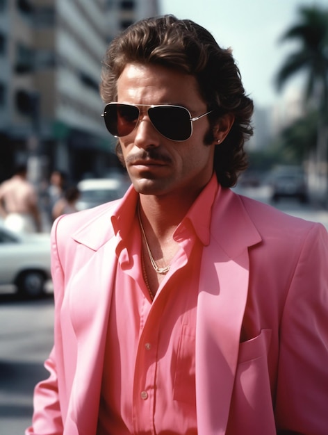 Retro wave vice Miami ouderwetse man met zonnebril Zonsondergangscène in Miami van de jaren 80 Synth wave Outrun Nostalgia Fashion Look Book Generative ai