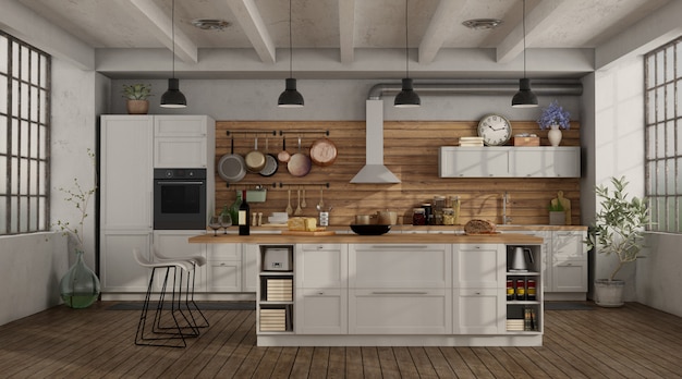 Retro white kitchen in a loft with island and stool