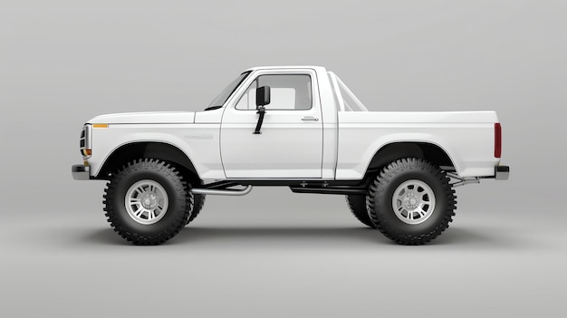 Photo a retro white pickup truck with large wheels and a lifted suspension