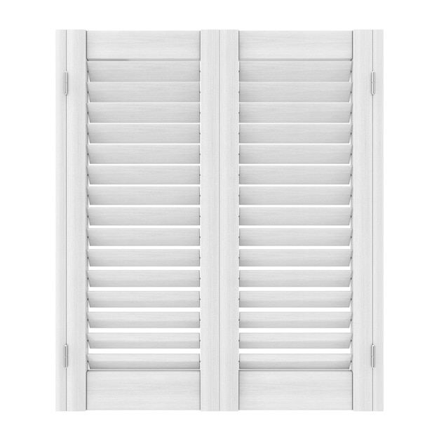 Retro White Wooden Window with Sutters Jalousie on a white background. 3d Rendering