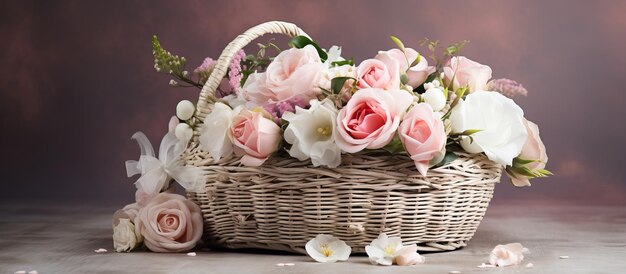 Retro wicker bruine mand met witte roze rozen voor pasgeboren baby