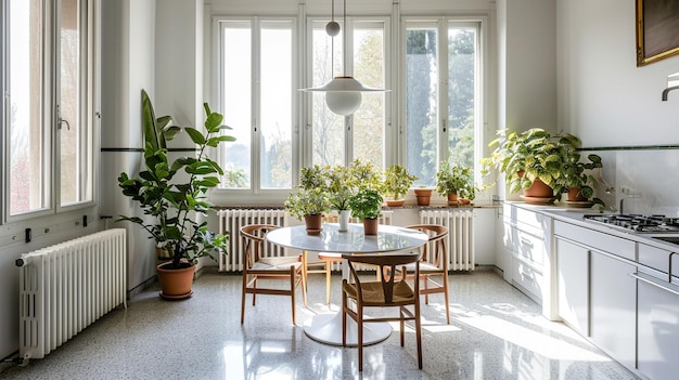 Retro witte vintage keuken met terrazzo marmeren vloer en panoramische ramen Generative Ai