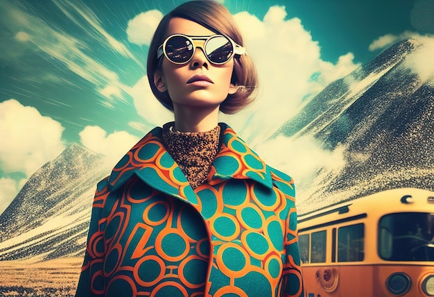 Retro woman travels by bus among the mountains illustration AI generative