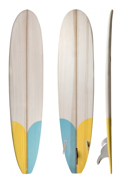 Retro wood longboard surfboard isolated on white with clipping path for object, vintage styles.