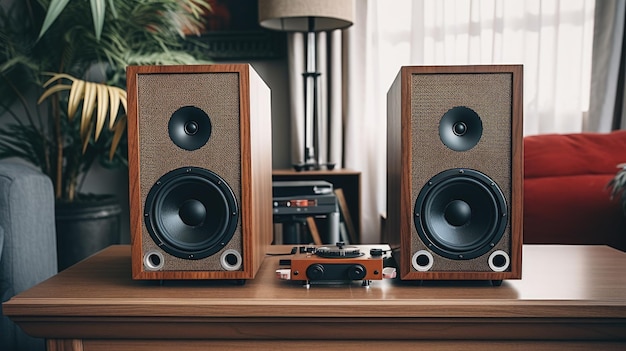 Retro Wooden Speakers in Living Room