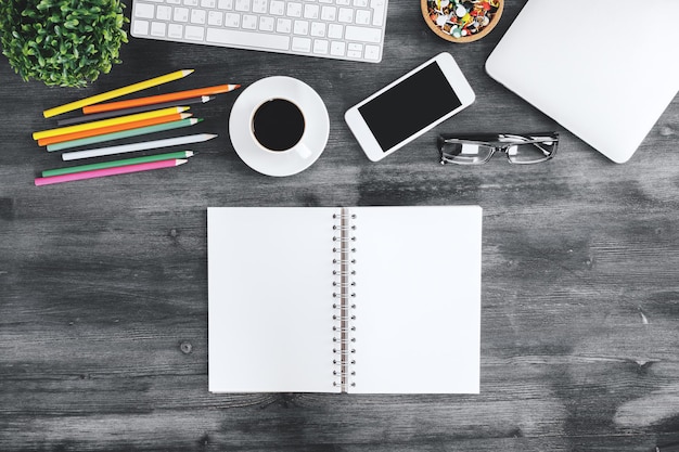 Retro wooden workspace with items