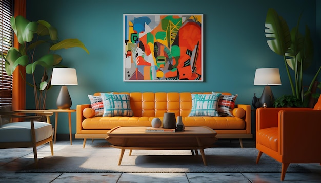 retro woonkamer met gedurfde kleuren vintage meubelen en retro art prints voor een nostalgisch gevoel